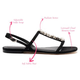 Calypso Flat Sandal In Black Fabric and Crystals