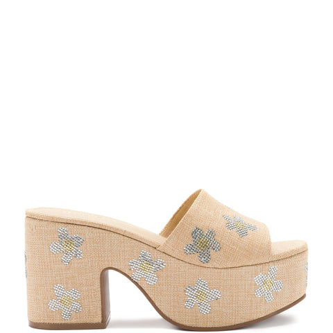 Miso Platform Sandal In Beige Raffia and Floral Crystals