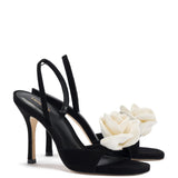 Salma Sandal In Black Suede and Ivory Satin