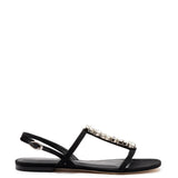 Calypso Flat Sandal In Black Fabric and Crystals