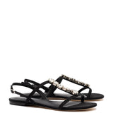 Calypso Flat Sandal In Black Fabric and Crystals