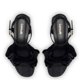 Selena Ruffle Sandal In Black Fabric and Crystals