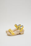 No.6 Two Strap Clog on Mid Heel in Yellow Patent with Eyelets